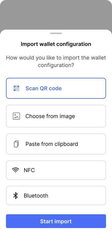 Screen showing different options to import the wallet configuration.